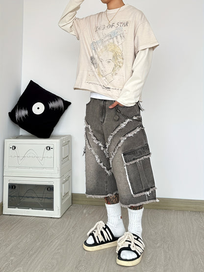 Pantalon Cargo Large en Jean Déconstruit à Franges – Style High-Street Américain, Coupe Ample, Sans Ceinture ni Accessoires