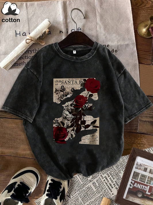 T-shirt femme vintage imprimé fleurs & journal