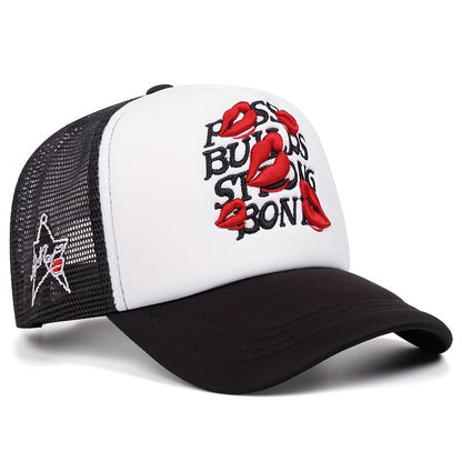 A Men'S Baseball Cap with Lip Print Embroidery, a Hip-Hop Trucker Hat for Outdoor Sports, Suitable for Women