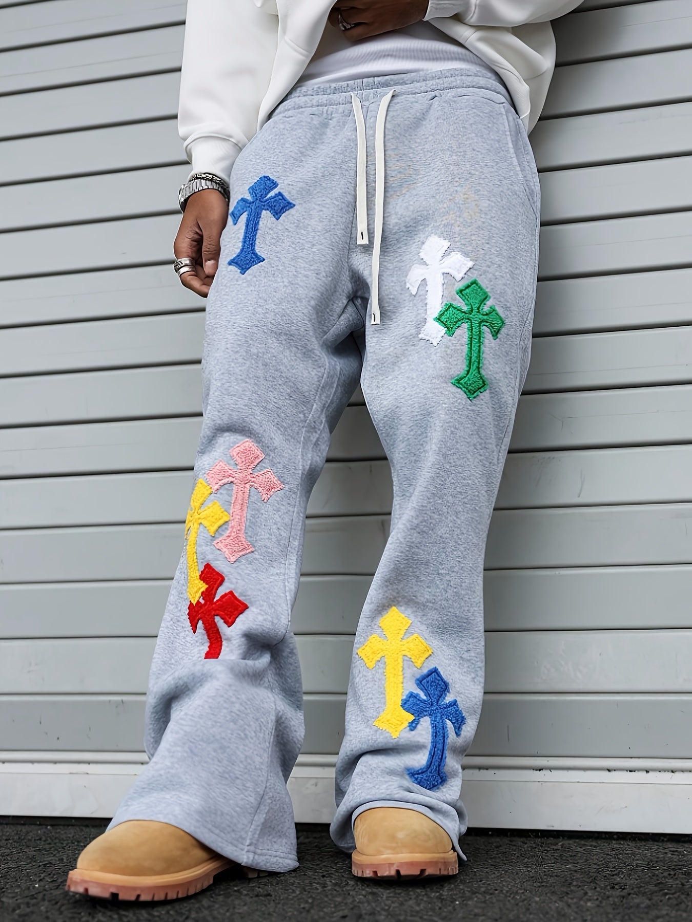 Pantalon de Jogging Homme Style Street Punk – Broderie Géométrique, Coupe Ample, Jambe Évasée, Idéal pour Toutes les Saisons