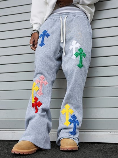 Pantalon de Jogging Homme Style Street Punk – Broderie Géométrique, Coupe Ample, Jambe Évasée, Idéal pour Toutes les Saisons