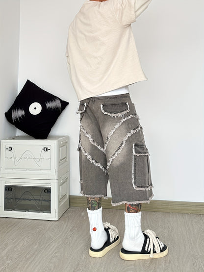 Pantalon Cargo Large en Jean Déconstruit à Franges – Style High-Street Américain, Coupe Ample, Sans Ceinture ni Accessoires