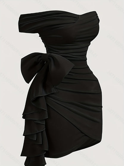 Robe Femme Bodycon – Col V, Deux Façons de Porter, Découpes Plissées Asymétriques avec Noeud, Sans Manches