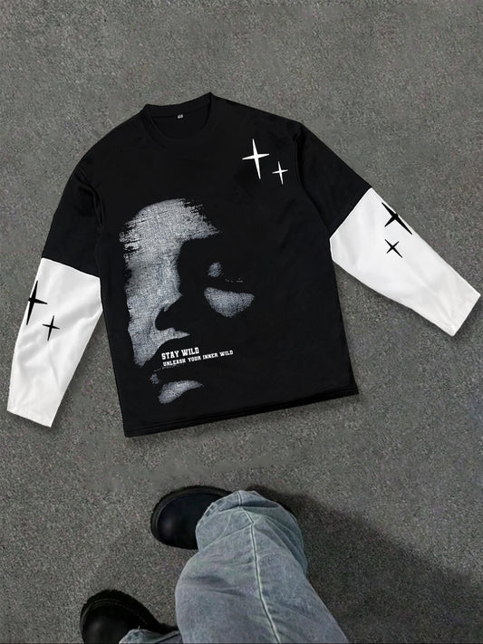 1171# Men's Spring/Autumn Patchwork 2-in-1 Look Long-Sleeve Trendy Letter Print Top, Autumn/Winter Outdoor Sports & Casual Wear