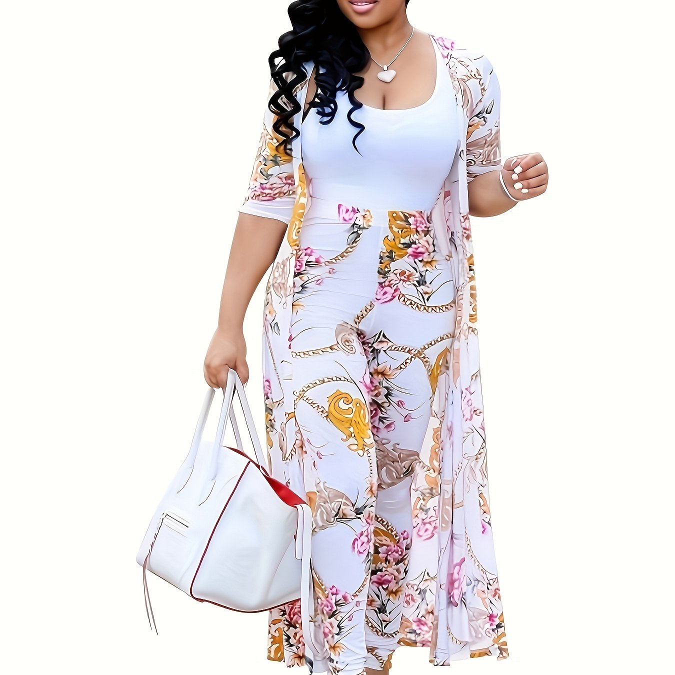 Casual Chain Print Two-piece Set, Long Sleeve Open Front Coat & High Waist Pants Outfits, Women's Clothing