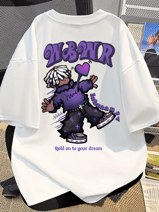 T-Shirt Homme Blanc à Motif – Col Rond avec Lettres Violettes