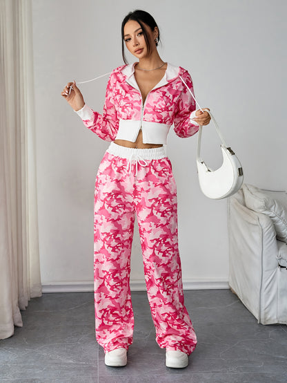 Ensemble Femme 2 Pièces – Top Zippé Court et Pantalon Long Camouflage, Look Décontracté et Tendance