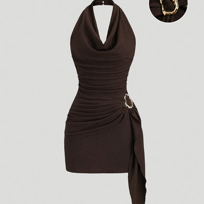 Robe Femme Sexy – Col Drapé, Taille Froncée, Ourlet Asymétrique avec Boucles Métal, Parfaite pour Soirées et Fêtes