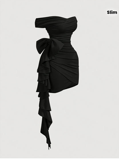 Robe Femme Bodycon – Col V, Deux Façons de Porter, Découpes Plissées Asymétriques avec Noeud, Sans Manches