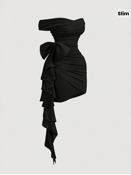 Robe Femme Bodycon – Col V, Deux Façons de Porter, Découpes Plissées Asymétriques avec Noeud, Sans Manches