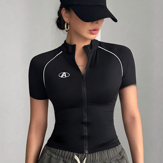 T-shirt Femme – Zip Court et Couleurs Contrastées, Style Moderne et Fitté