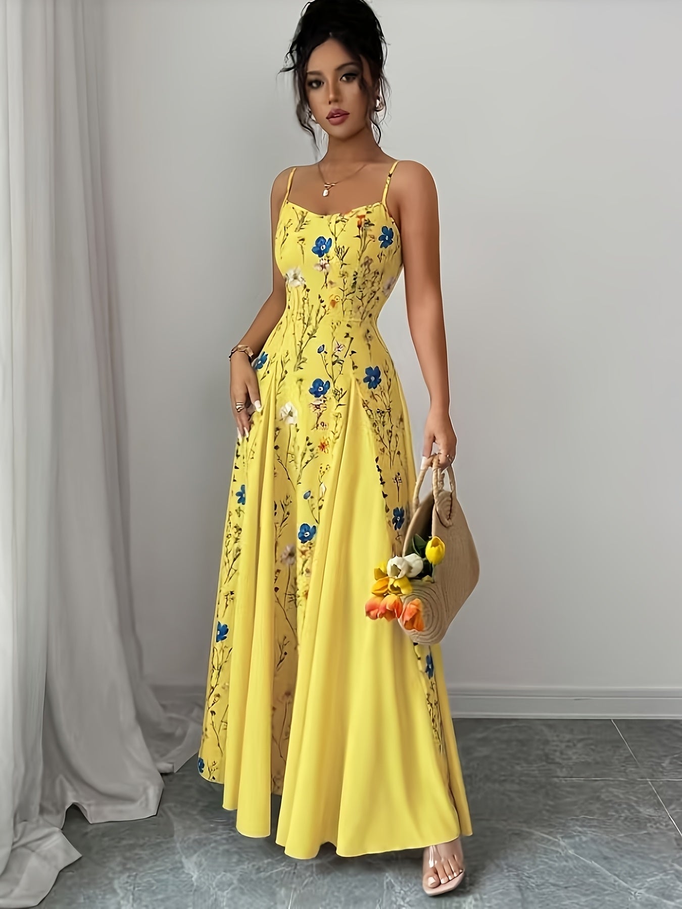 Robe Maxi Femme à Imprimé Floral – Bretelles Fines à la Française, Dos Nu, Jupe Évasée, Sans Manches, Parfaite pour Printemps et Été