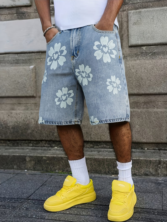 Short en Jean Vintage Homme 2026 - Style Décontracté Urbain, Coupe Large, Taille Moyenne, Imprimé Fleurs Blanches, Non-Élastique