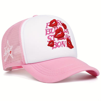 A Men'S Baseball Cap with Lip Print Embroidery, a Hip-Hop Trucker Hat for Outdoor Sports, Suitable for Women