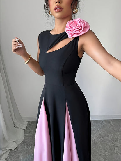 Robe Femme Sans Manches – Buste Colorblock, Découpes Modernes et Épaules Florales 3D, Ourlet Asymétrique