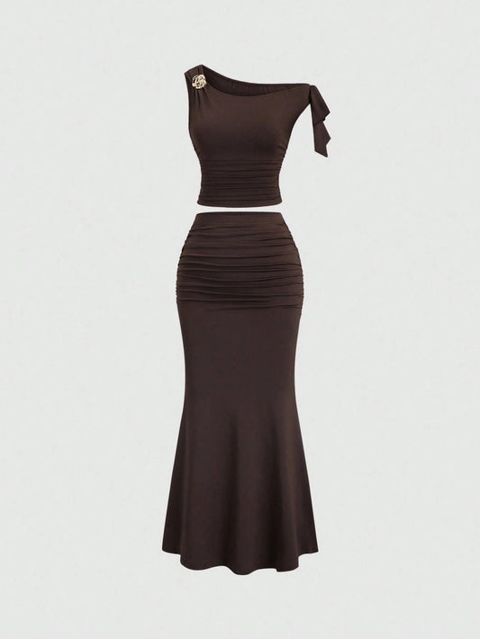 Ensemble femme marron – Top sans manches & jupe sirène