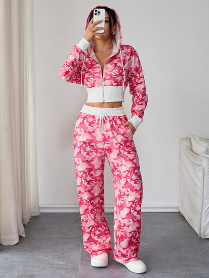 Ensemble Femme 2 Pièces – Top Zippé Court et Pantalon Long Camouflage, Look Décontracté et Tendance