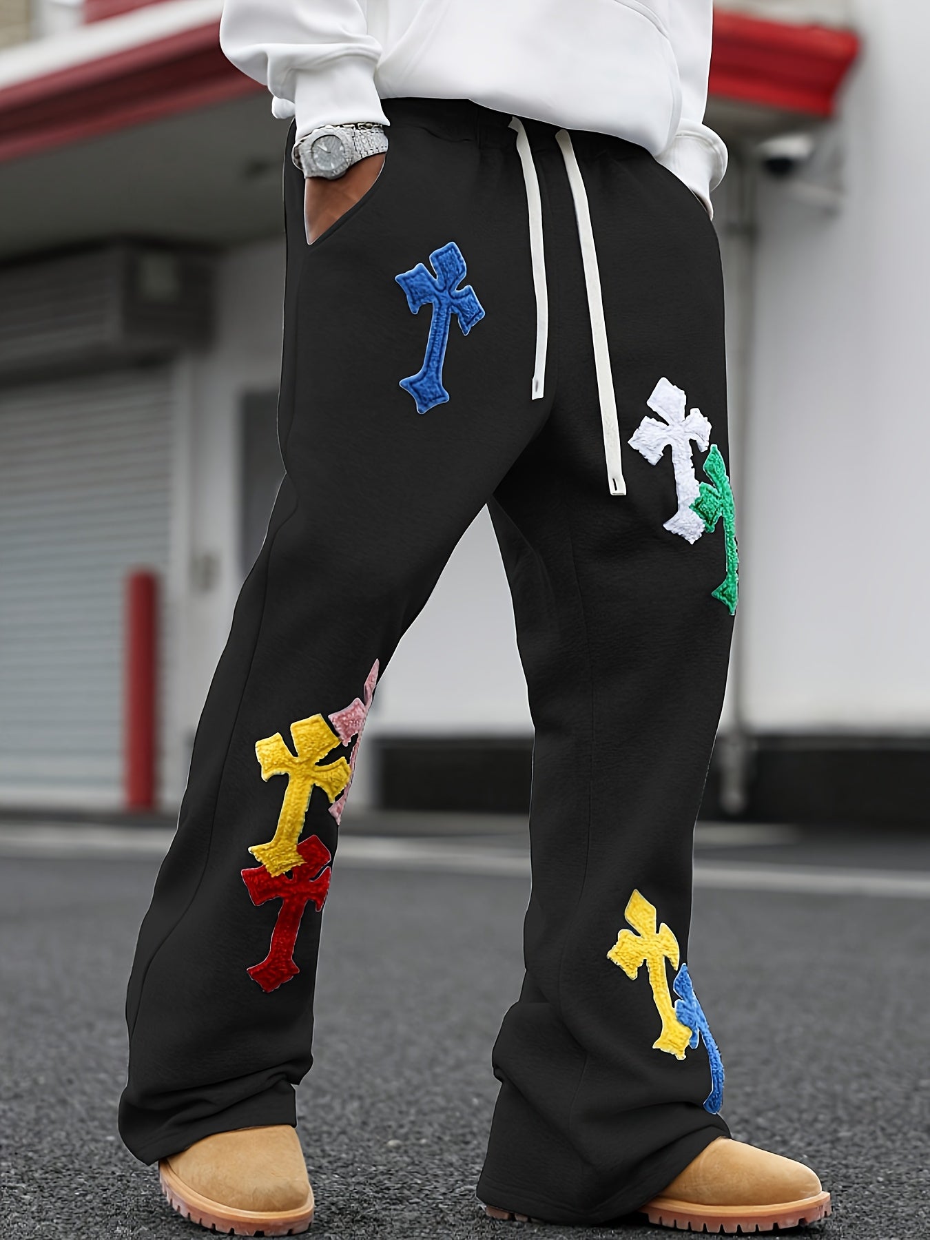 Pantalon de Jogging Homme Style Street Punk – Broderie Géométrique, Coupe Ample, Jambe Évasée, Idéal pour Toutes les Saisons