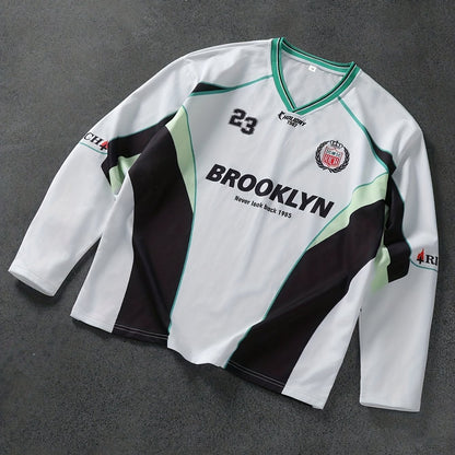 Maillot de Football à Manches Longues – Impression BROOKLYN en Blanc, Noir et Vert