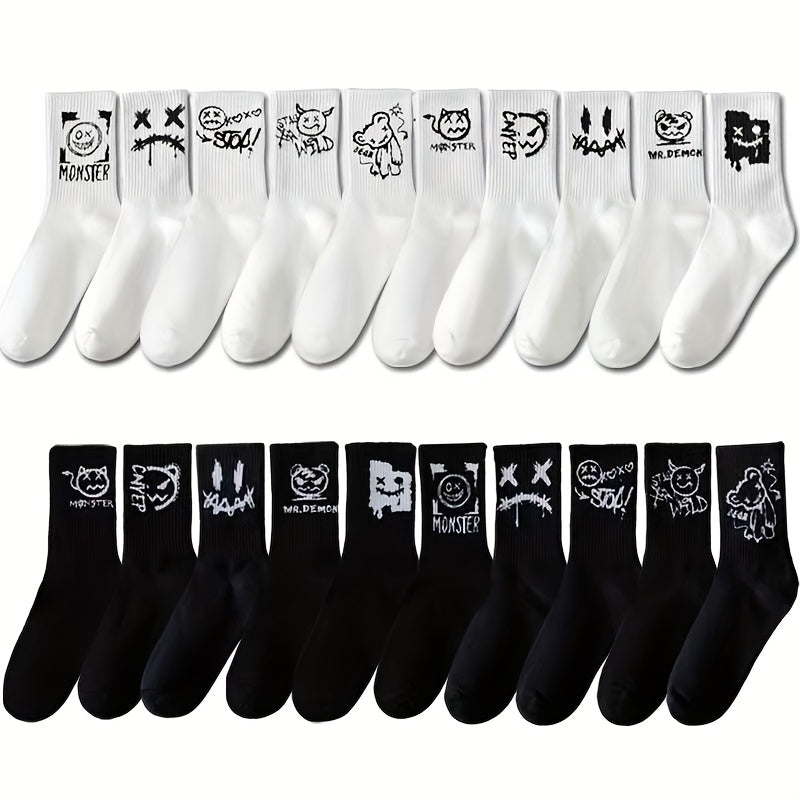5 Paires de Chaussettes Mi-Mollet Noires & Blanches – Style Minimaliste et Cartoon