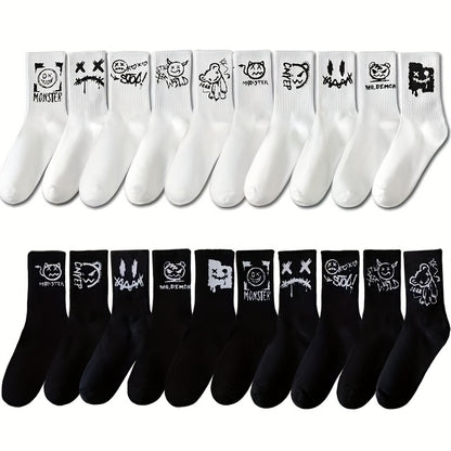 5 Paires de Chaussettes Mi-Mollet Noires & Blanches – Style Minimaliste et Cartoon