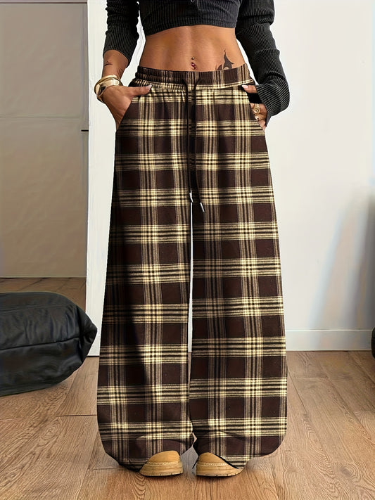 Women'S Plaid Wide-Leg Pocket Drawstring Casual Stylish Long Pants for Autumn And Winter