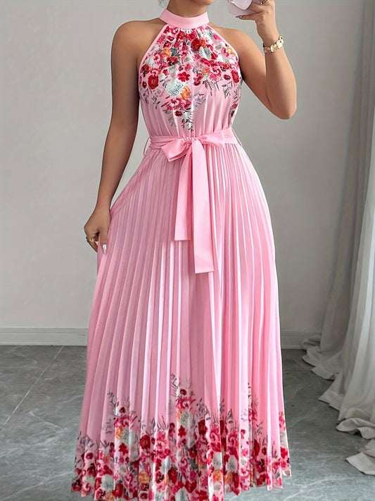Robe à Fleurs – Col Halter et Jupe Plissée, Confortable et Stylée