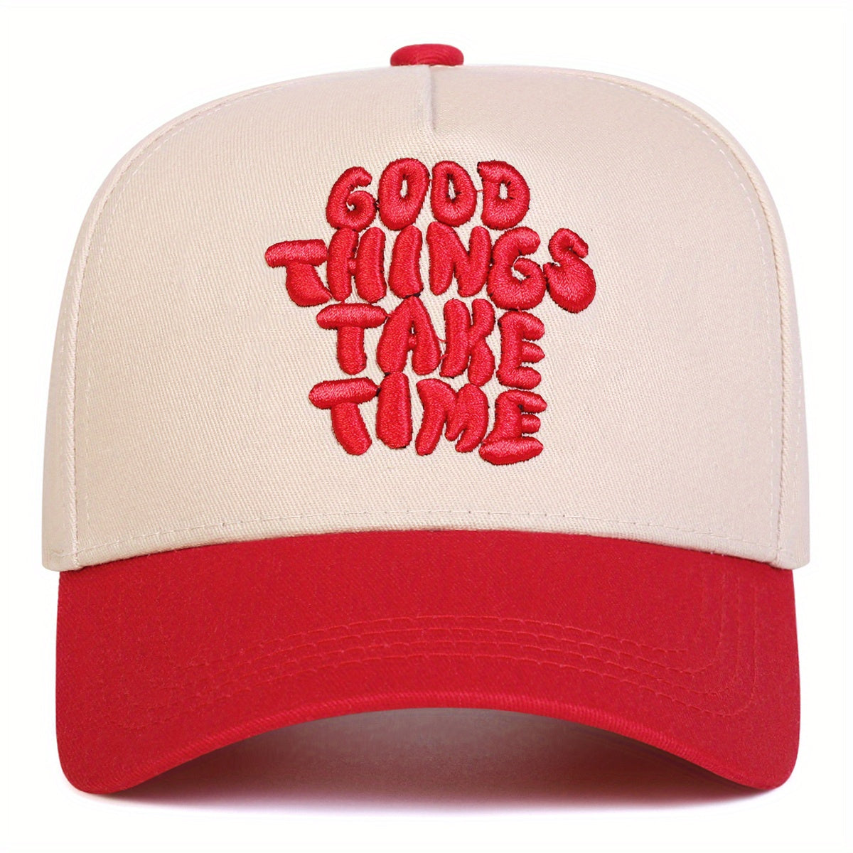 1pc Men's GOOD THINGS TAKE TIME Letter Baseball Cap, Fashion Five-Panel Adjustable Casual Outdoor Hat for Spring Autumn Travel Beach Party