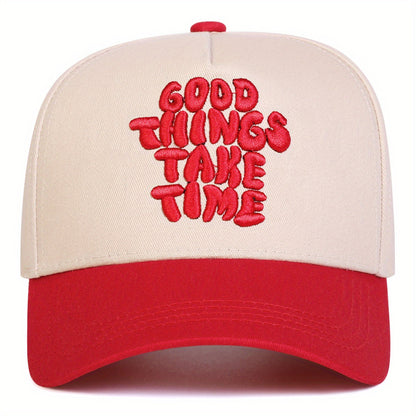 1pc Men's GOOD THINGS TAKE TIME Letter Baseball Cap, Fashion Five-Panel Adjustable Casual Outdoor Hat for Spring Autumn Travel Beach Party