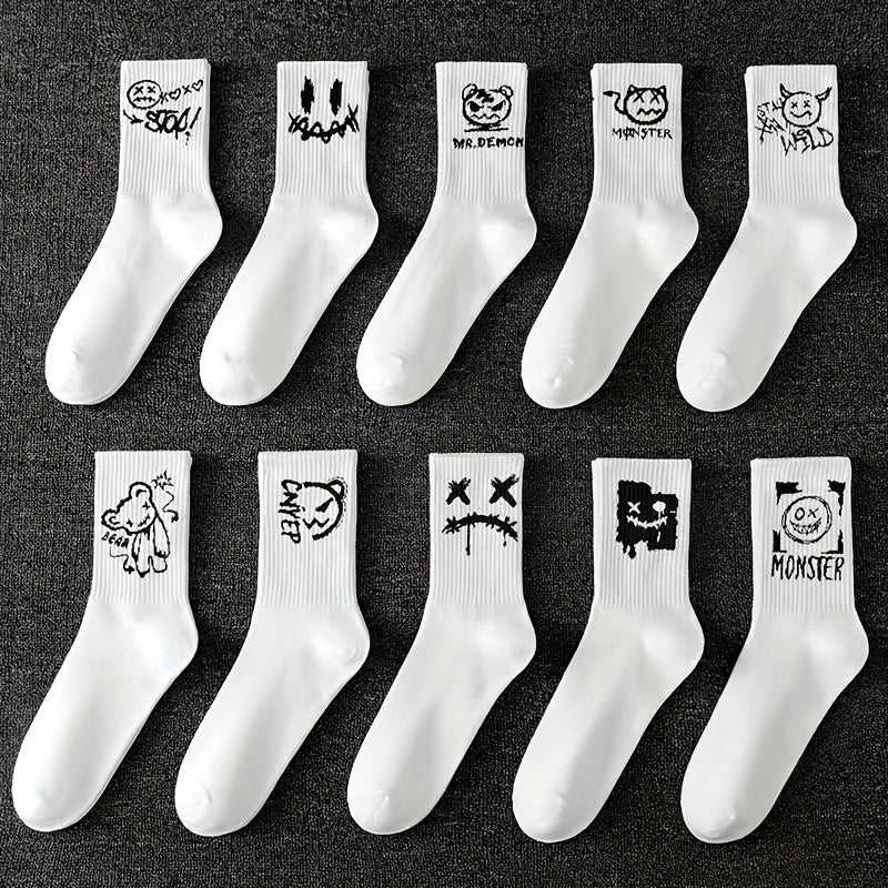 5 Paires de Chaussettes Mi-Mollet Noires & Blanches – Style Minimaliste et Cartoon