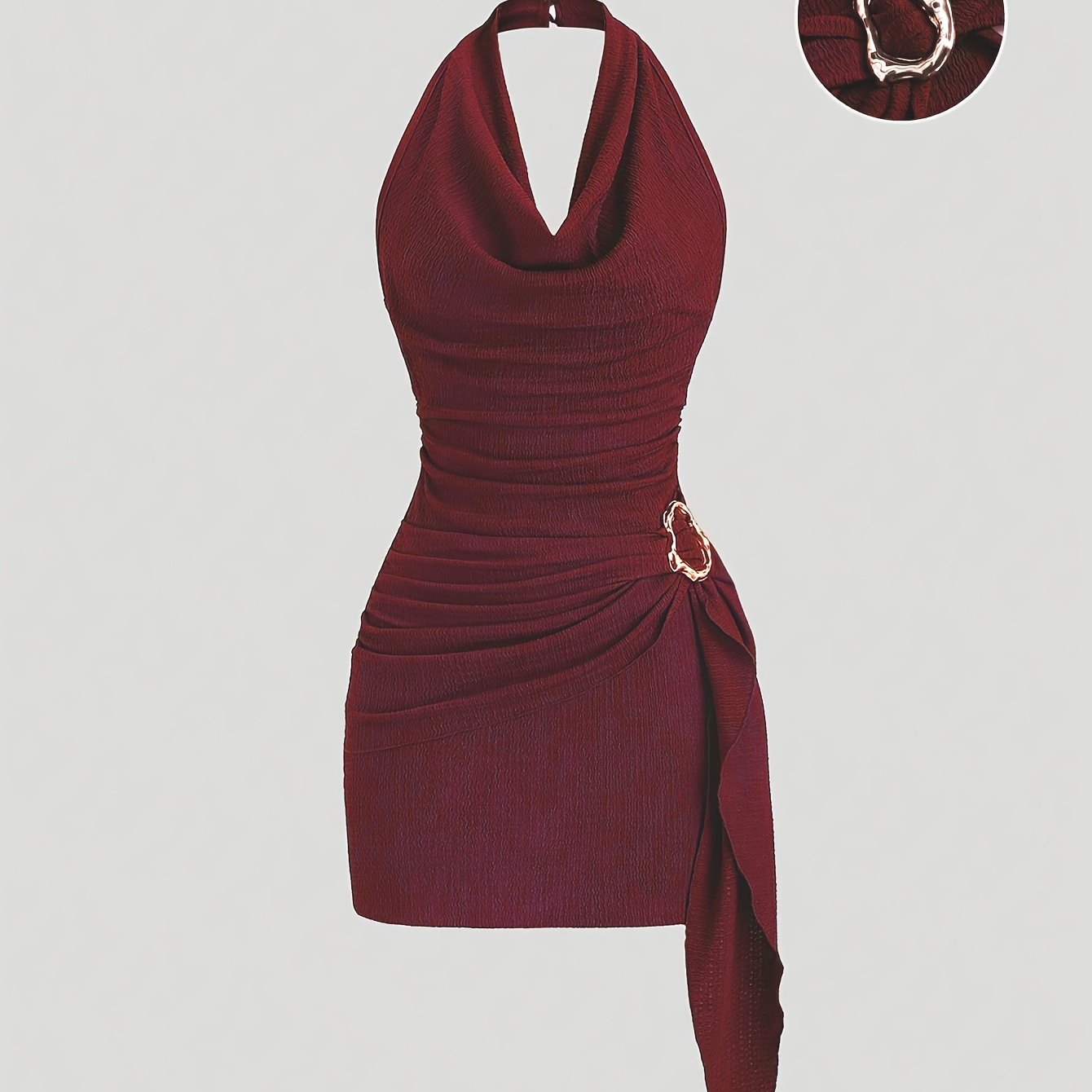 Robe Femme Sexy – Col Drapé, Taille Froncée, Ourlet Asymétrique avec Boucles Métal, Parfaite pour Soirées et Fêtes