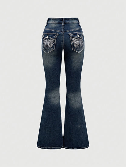 Pantalon denim femme tendance – Poches arrière décorées