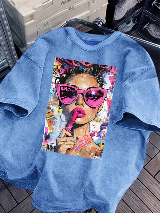 T-shirt Femme Vintage – Imprimé Pop Art Audacieux, Style Décontracté et Casual