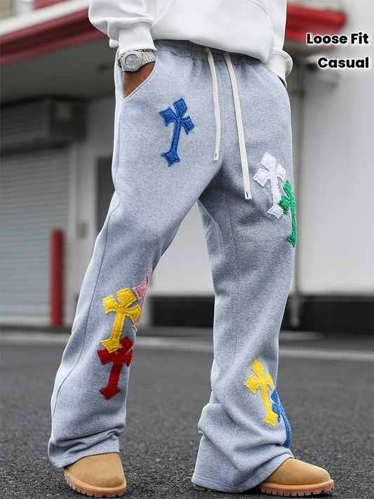 Pantalon de Jogging Homme Style Street Punk – Broderie Géométrique, Coupe Ample, Jambe Évasée, Idéal pour Toutes les Saisons