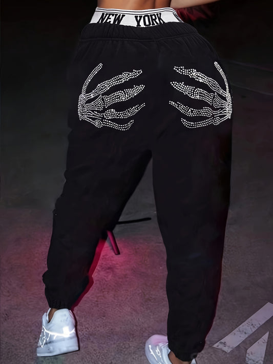 1pc Women's Casual Polyester Jogger Pants with Elastic Waistband, Embellished Skeleton Hands, and Letter Detail - All Season Knit Joggers with Cuffed Ankles