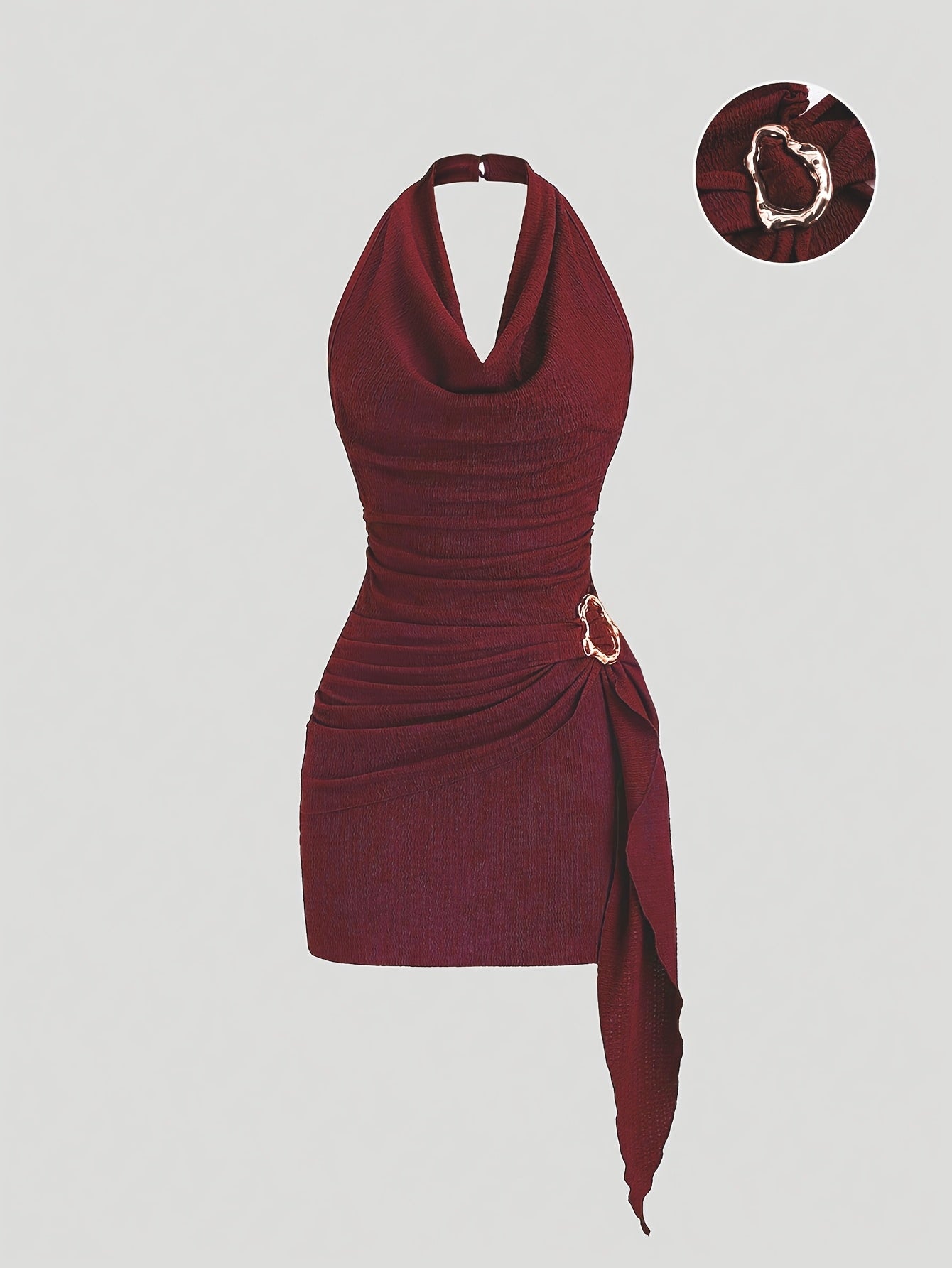 Robe Femme Sexy – Col Drapé, Taille Froncée, Ourlet Asymétrique avec Boucles Métal, Parfaite pour Soirées et Fêtes