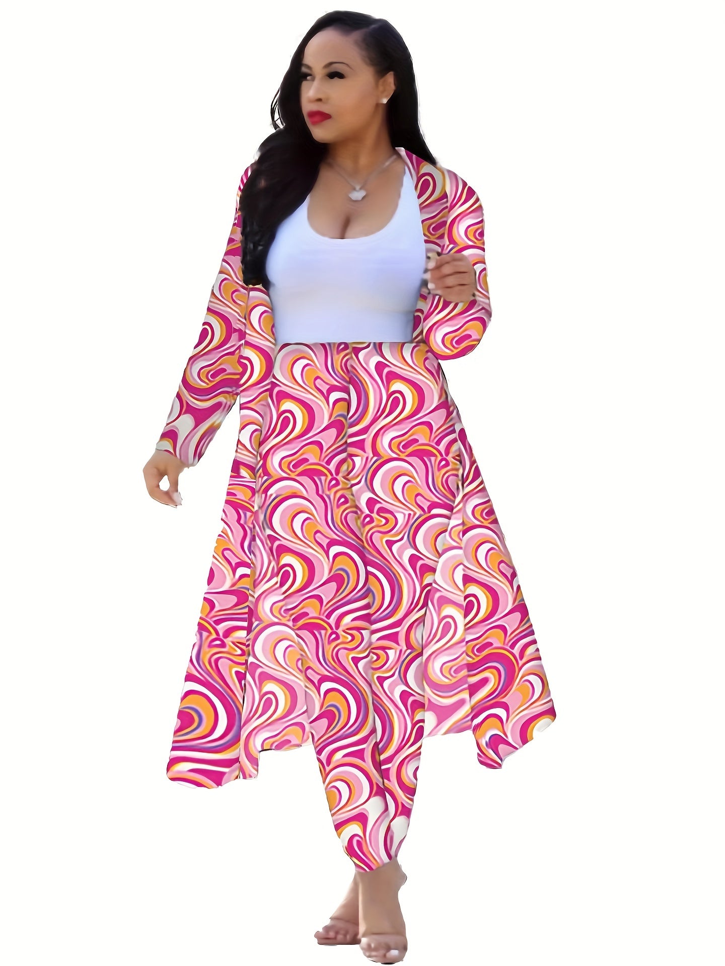 Casual Chain Print Two-piece Set, Long Sleeve Open Front Coat & High Waist Pants Outfits, Women's Clothing