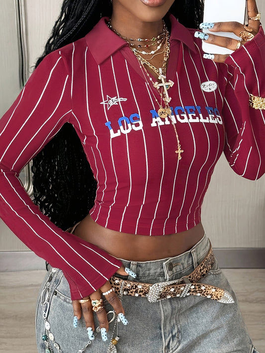 T-shirt Longue Manche Femme – Slim Fit, Col V à Revers, Imprimé Anglais et Rayures