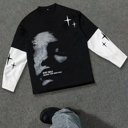 1171# Men's Spring/Autumn Patchwork 2-in-1 Look Long-Sleeve Trendy Letter Print Top, Autumn/Winter Outdoor Sports & Casual Wear