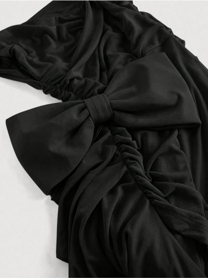 Robe Femme Bodycon – Col V, Deux Façons de Porter, Découpes Plissées Asymétriques avec Noeud, Sans Manches