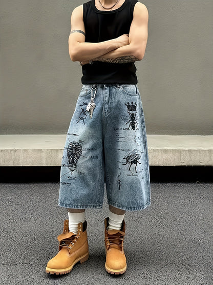 Short Jean Unisexe Style Rétro – Imprimé Graffiti Streetwear, Coupe Ample