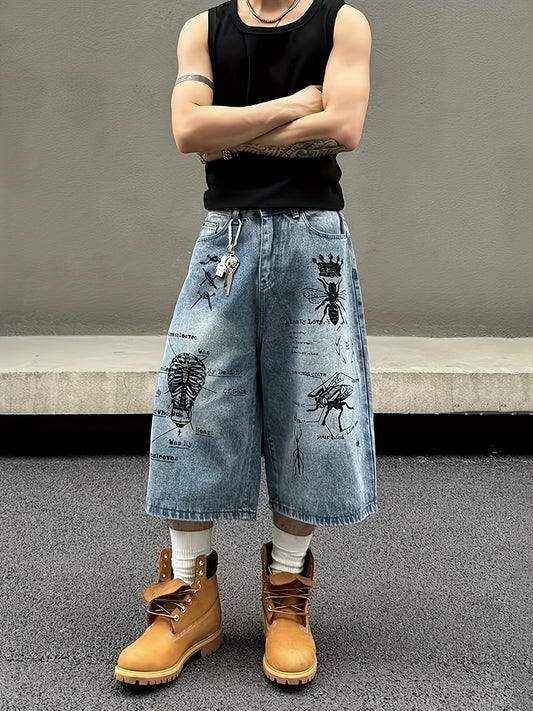Short Jean Unisexe Style Rétro – Imprimé Graffiti Streetwear, Coupe Ample