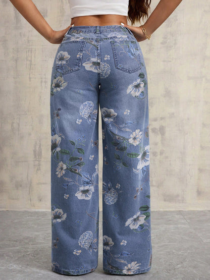 Jean femme vintage à jambes larges & imprimé floral