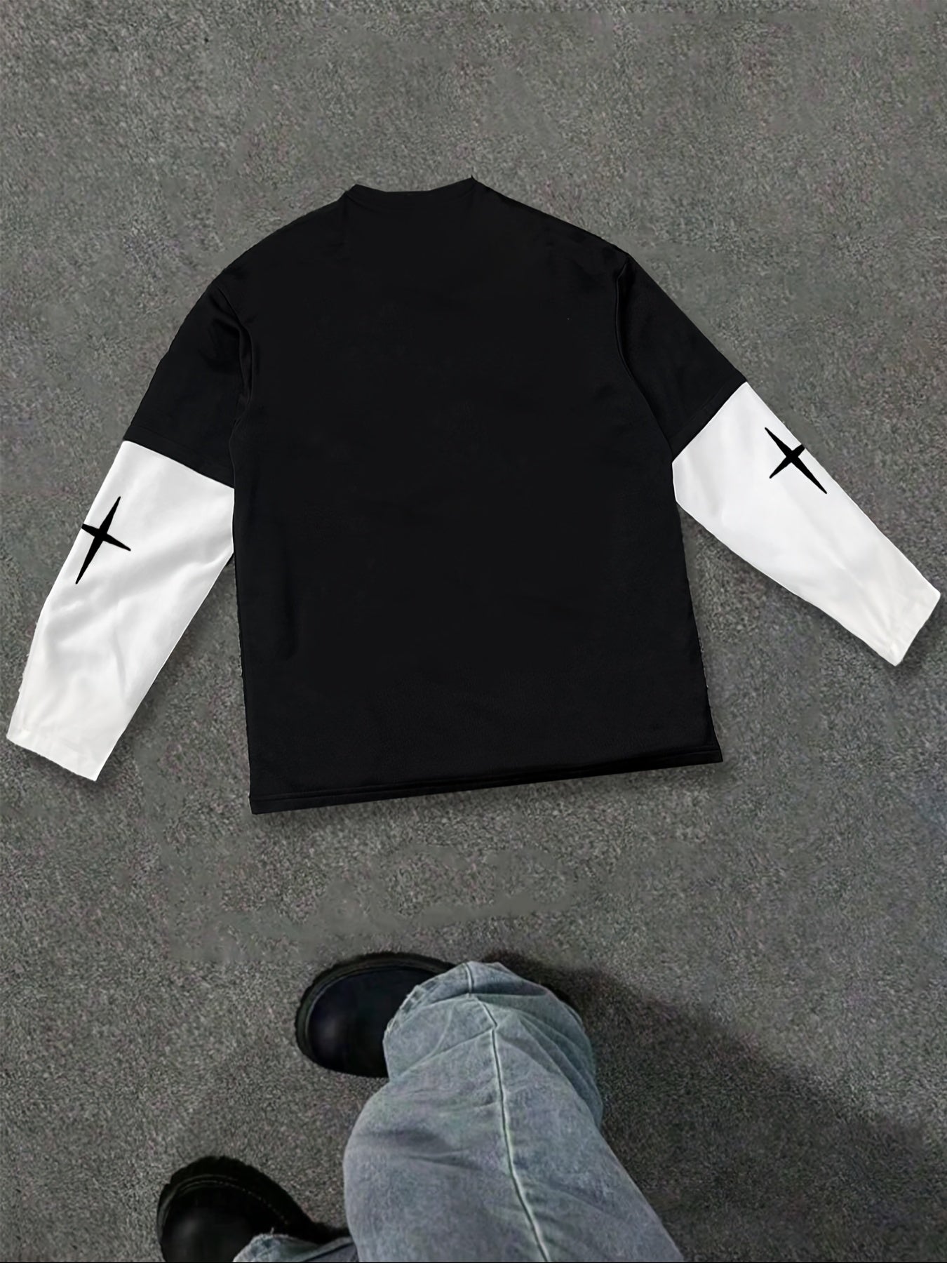 1171# Men's Spring/Autumn Patchwork 2-in-1 Look Long-Sleeve Trendy Letter Print Top, Autumn/Winter Outdoor Sports & Casual Wear