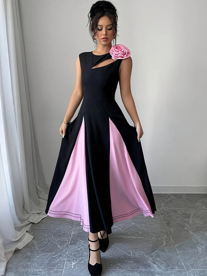 Robe Femme Sans Manches – Buste Colorblock, Découpes Modernes et Épaules Florales 3D, Ourlet Asymétrique