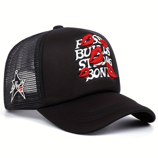 A Men'S Baseball Cap with Lip Print Embroidery, a Hip-Hop Trucker Hat for Outdoor Sports, Suitable for Women