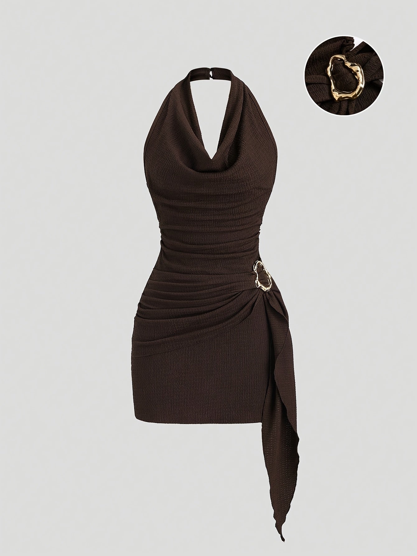 Robe Femme Sexy – Col Drapé, Taille Froncée, Ourlet Asymétrique avec Boucles Métal, Parfaite pour Soirées et Fêtes