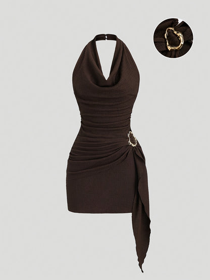 Robe Femme Sexy – Col Drapé, Taille Froncée, Ourlet Asymétrique avec Boucles Métal, Parfaite pour Soirées et Fêtes