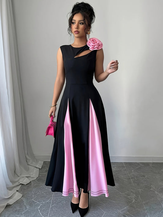 Robe Femme Sans Manches – Buste Colorblock, Découpes Modernes et Épaules Florales 3D, Ourlet Asymétrique