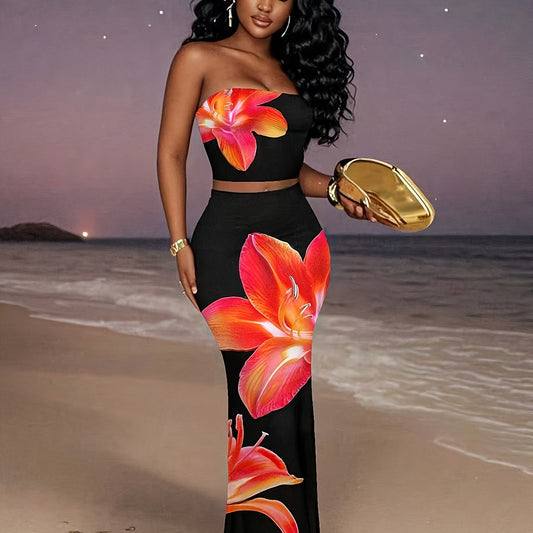 Ensemble Femme Noir – Top Strapless à Fleurs Rouges et Jupe Longue, Look Vacances